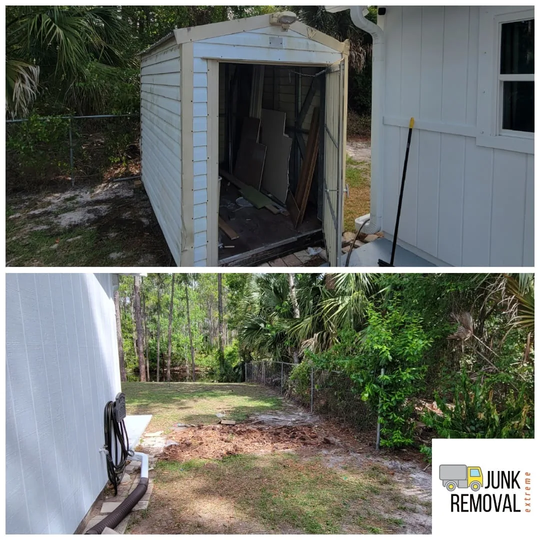 Old aluminum structure before and the cleared yard after, Extreme Junk Removal serving Port Orange