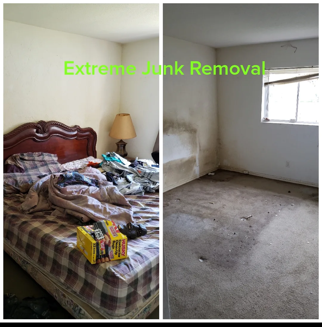 Bed Frame, Headboard & Bunk Bed Removal Bedroom with an old bed and belongings before, and the empty room after, serving Palm Coast to New Smyrna Beach