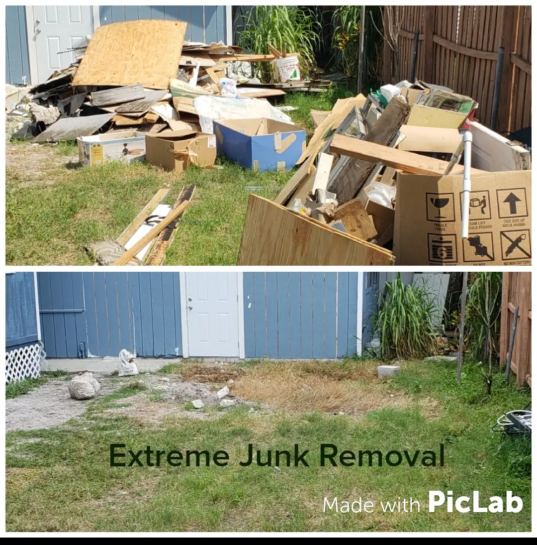 Backyard piled with construction debris before, and cleared after the haul away