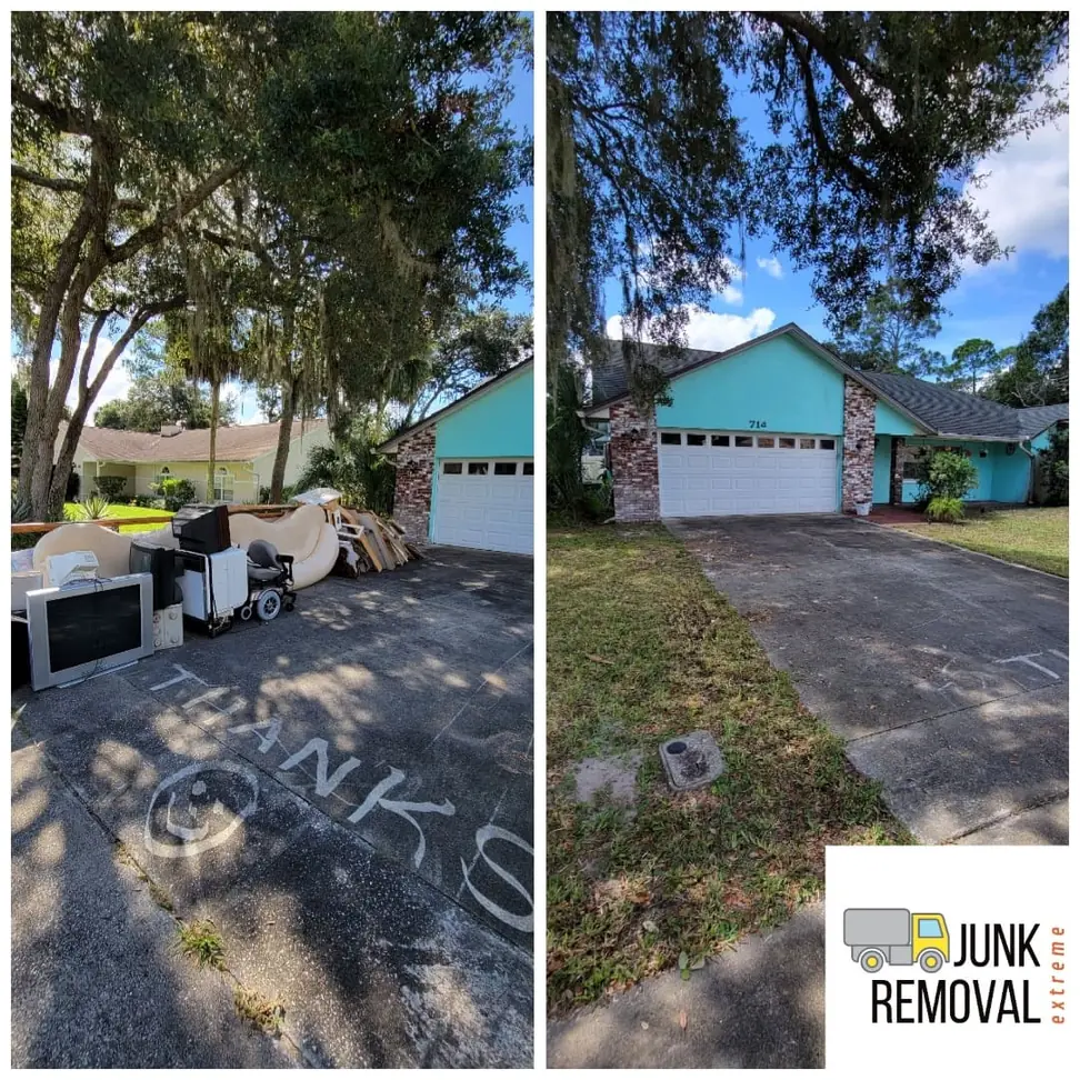 Curbside pile of old TVs and furniture before, and a clean driveway after junk removal