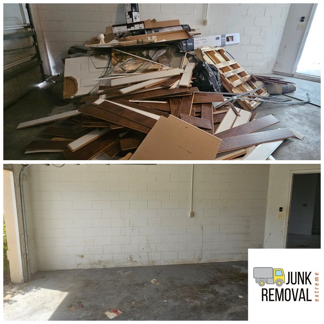 Pile of damaged material and lumber in a room before, and the cleared room after storm debris was hauled away, serving Palm Coast to New Smyrna Beach