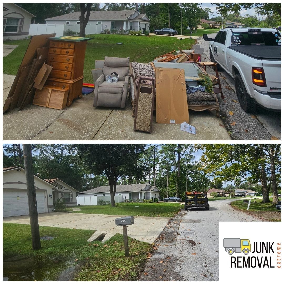Old dresser, chairs and furniture hauled away from a driveway, before and after