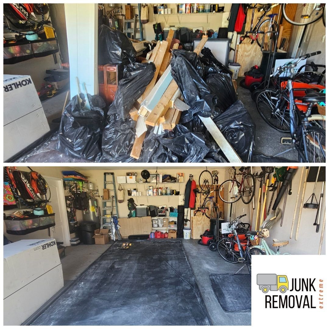 Garage with bags and lumber before, and a clear floor after an Extreme Junk Removal garage cleanout