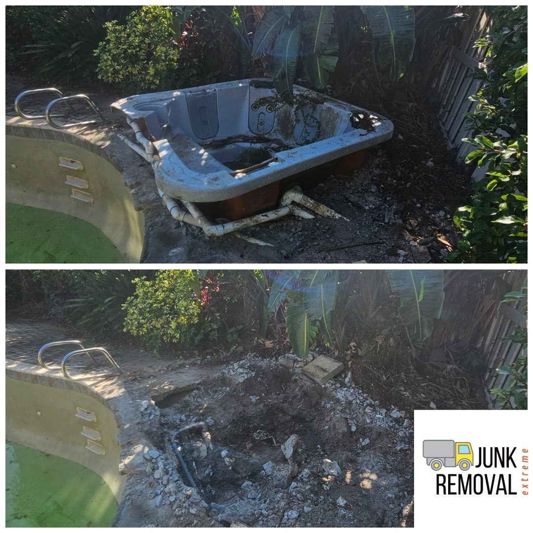 Old backyard hot tub before, and the empty patio space after our crew cut it up and hauled it away
