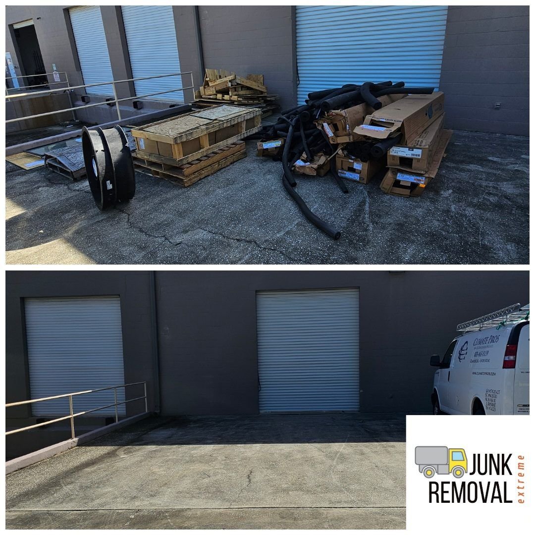 Junk outside a row of storage bays before, and the clean bays after a storage cleanout