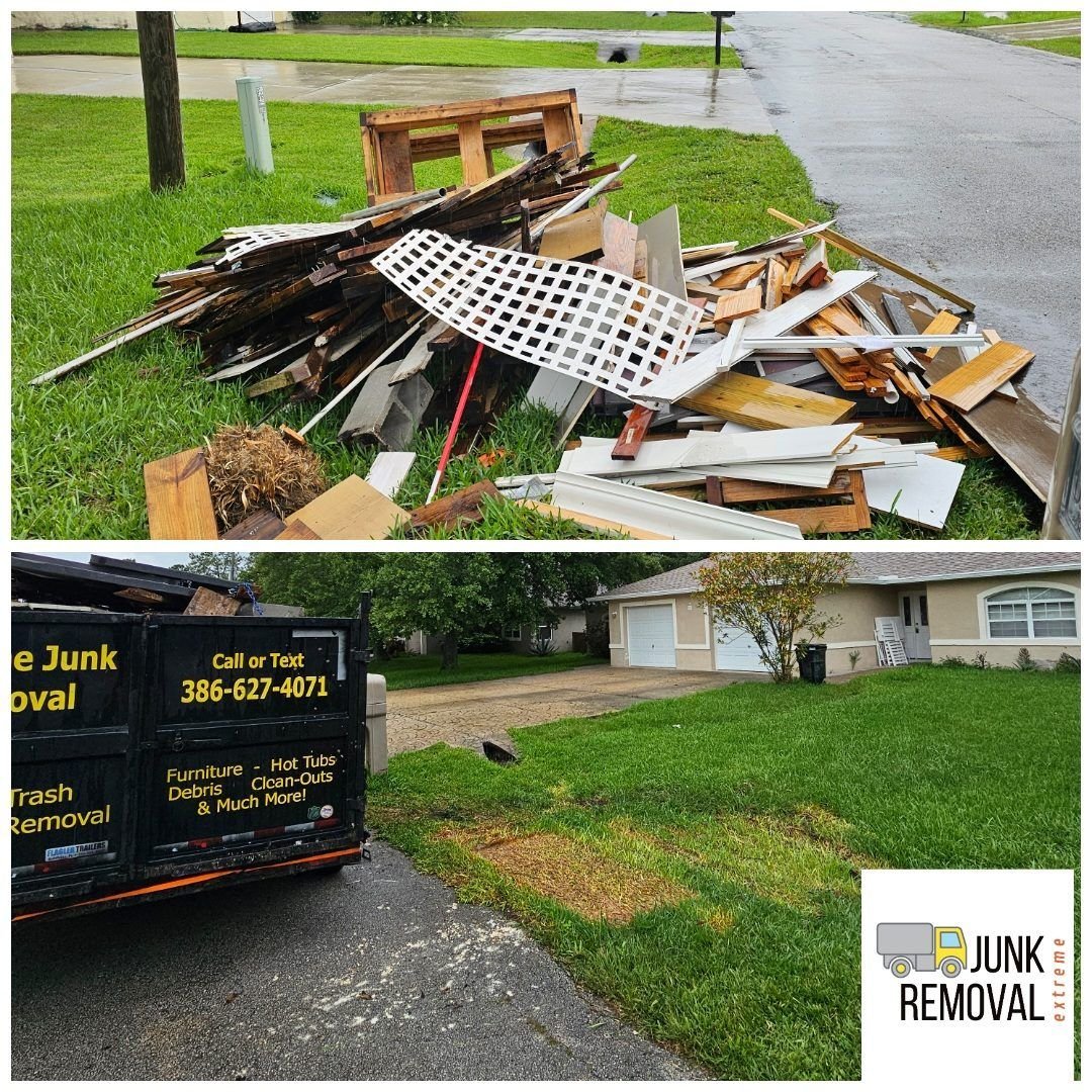 Curbside pile of wood and yard debris before, and the clean curb after yard debris removal