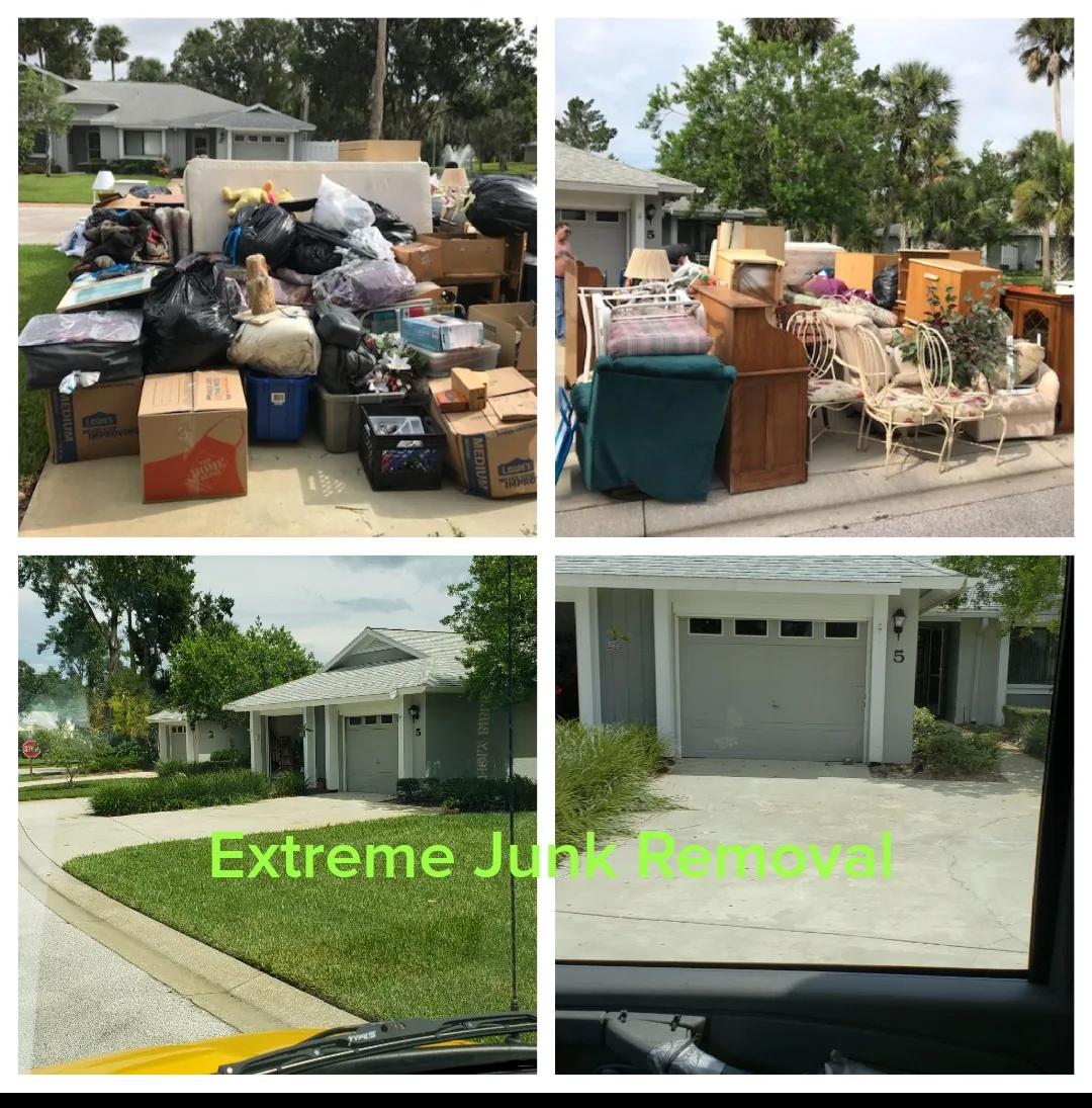 Driveway full of furniture and household items before, and empty after an estate cleanout