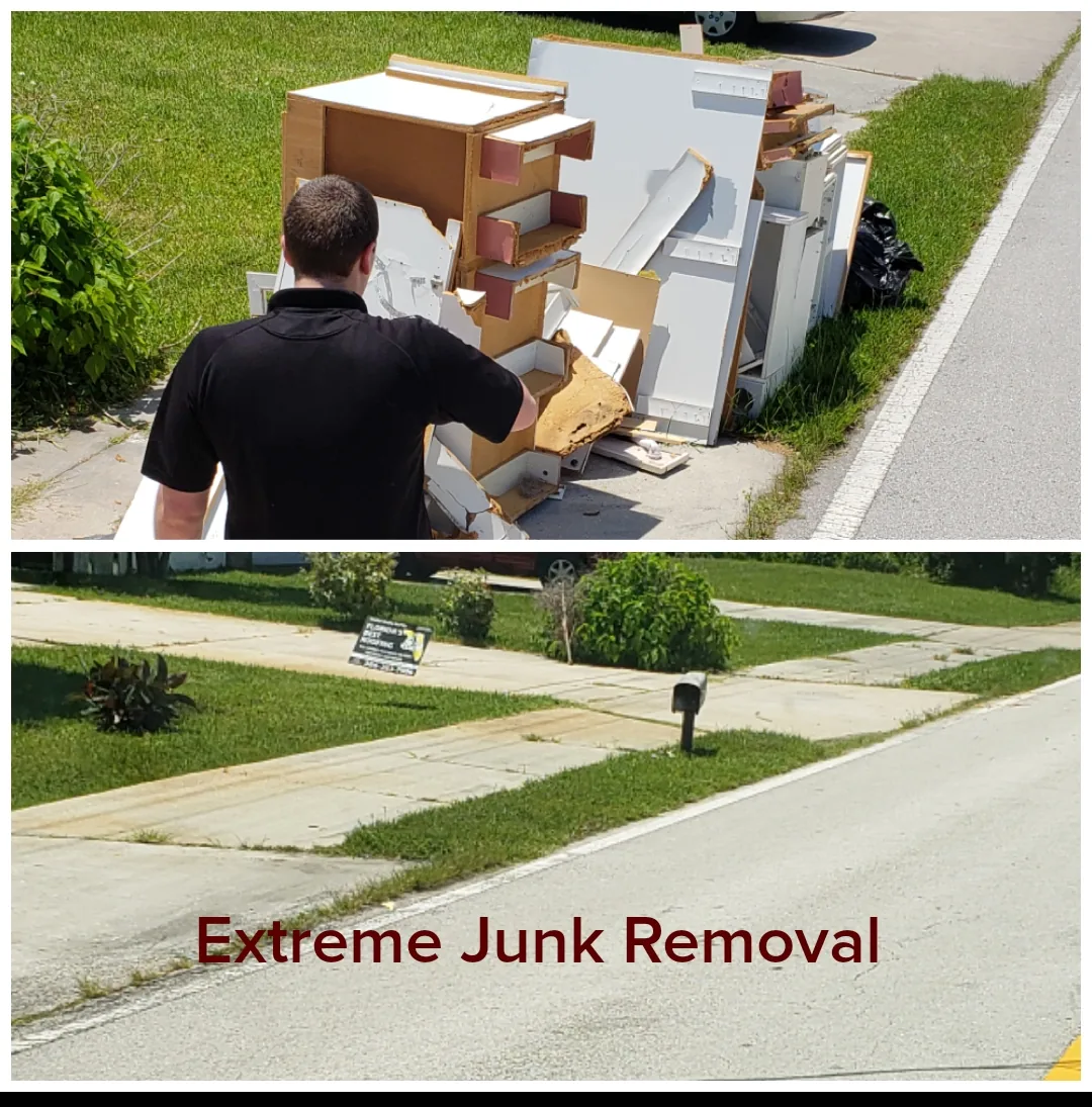Dresser, cabinets and old furniture at the curb before, and the clean curb after furniture removal