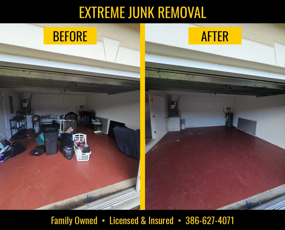 Cluttered garage before, and the empty red floor after a garage cleanout