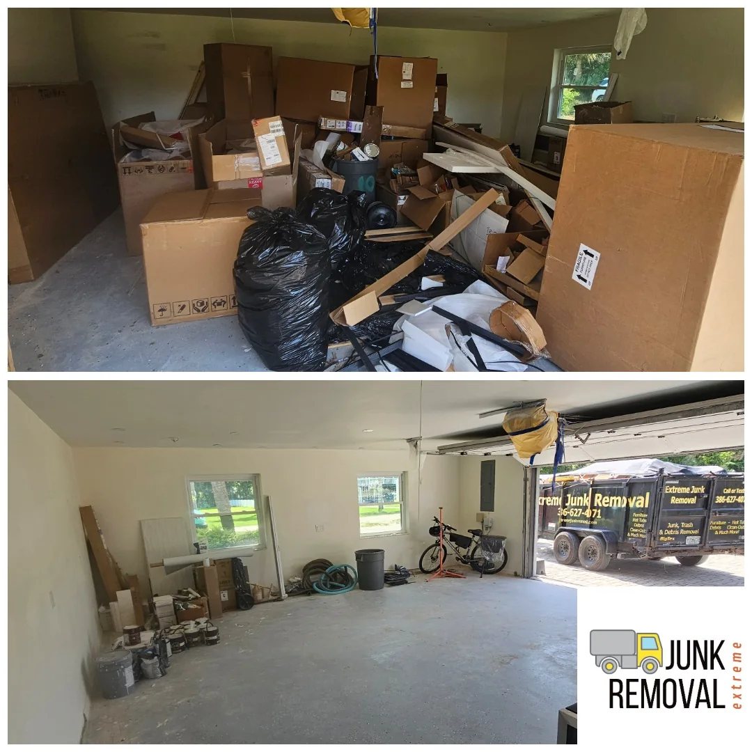 Garage full of boxes and junk before and after a garage cleanout