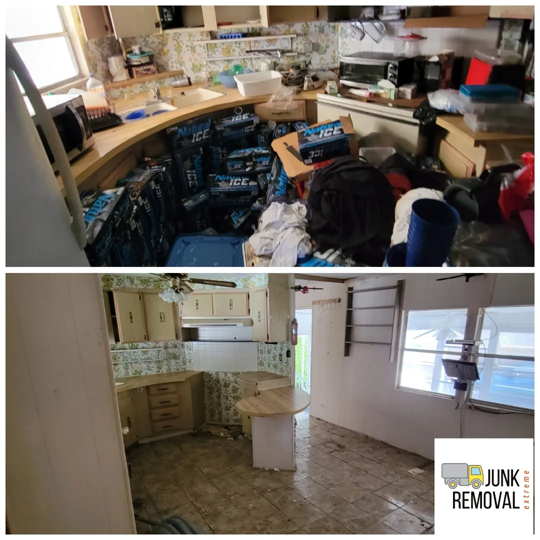 Cluttered kitchen before, and a clear kitchen after a hoarding cleanout
