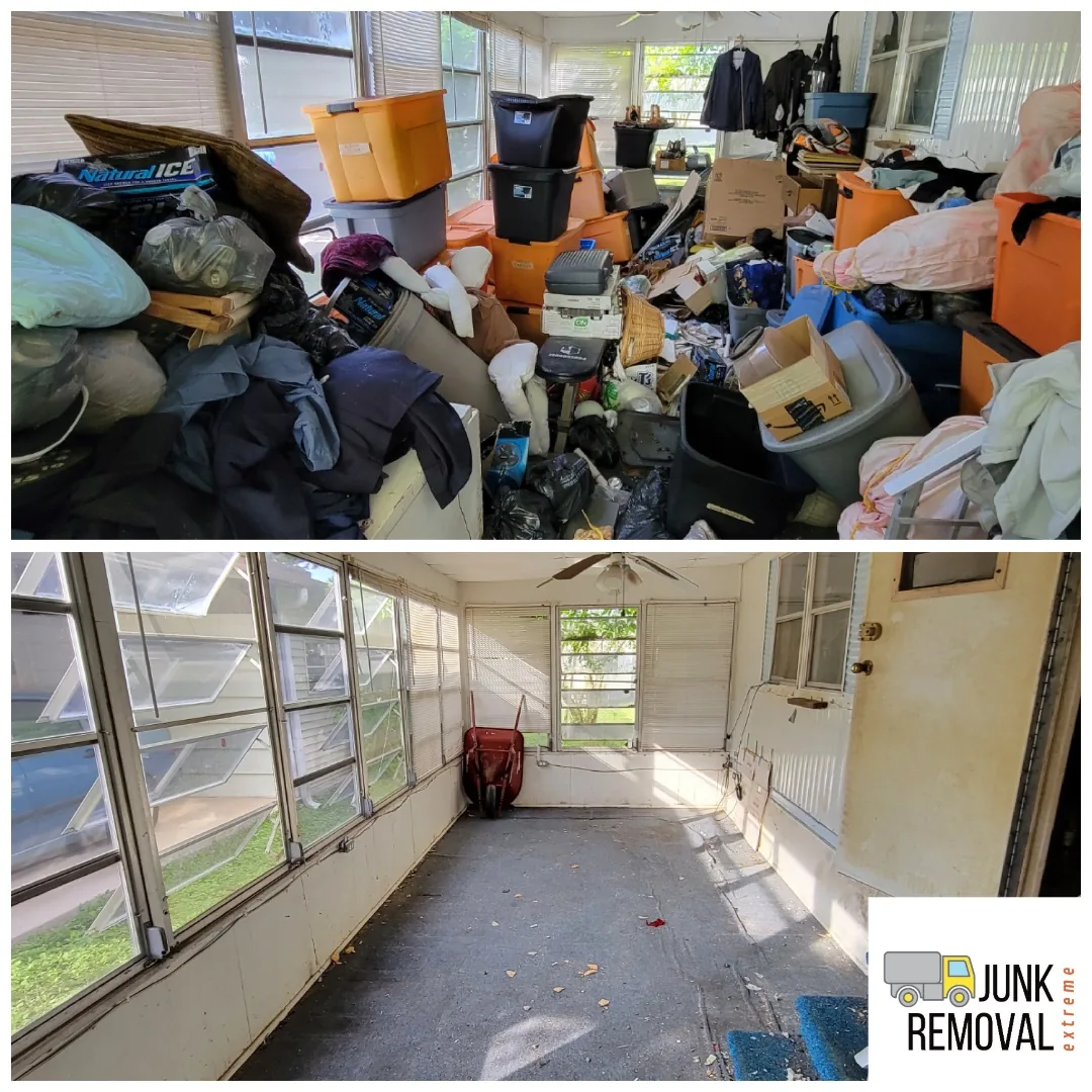 Sunroom piled with belongings before, and empty after a cleanout by Extreme Junk Removal