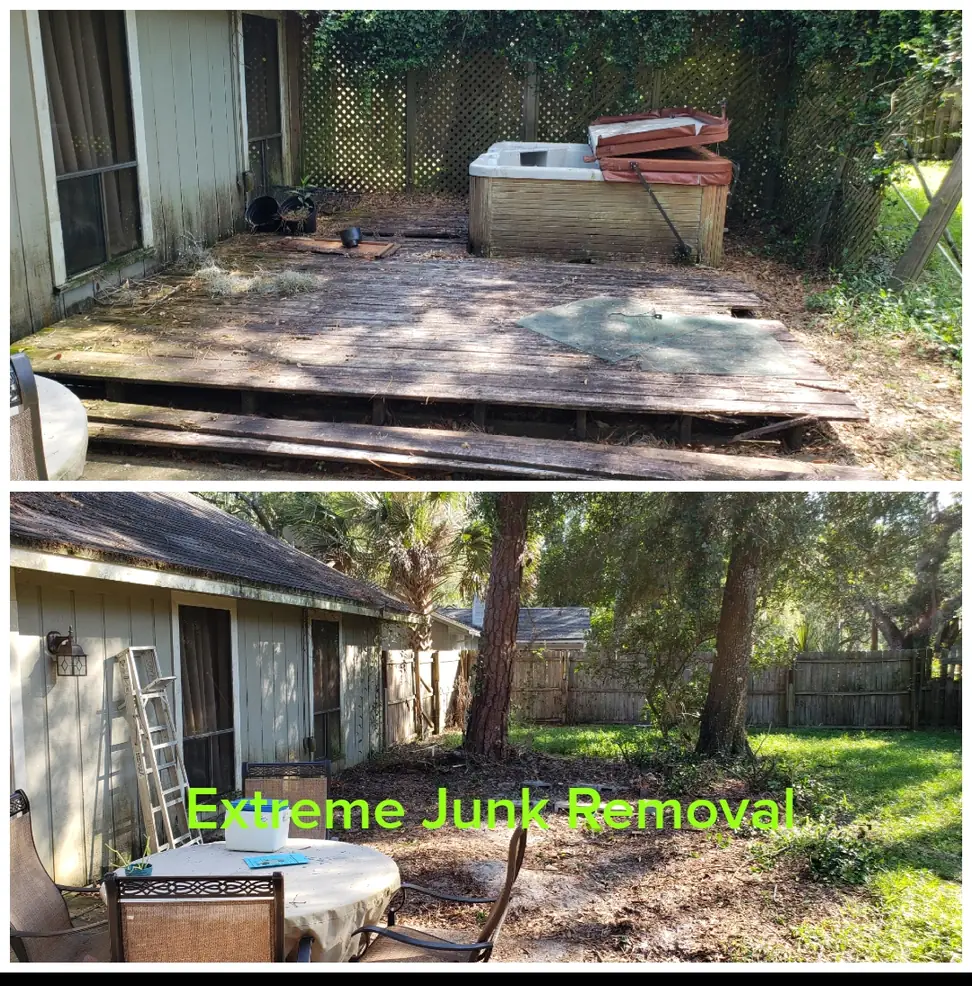 Old hot tub on a backyard deck before and after removal by Extreme Junk Removal