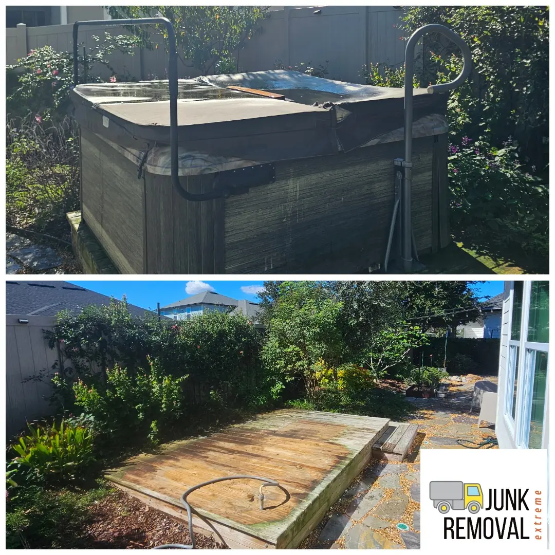 Old hot tub on a backyard deck before, and the bare pad after hot tub removal