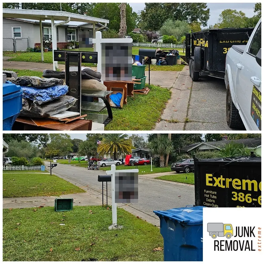 Curbside pile of household junk next to a for-sale sign before, and the cleared curb after a move-out cleanout