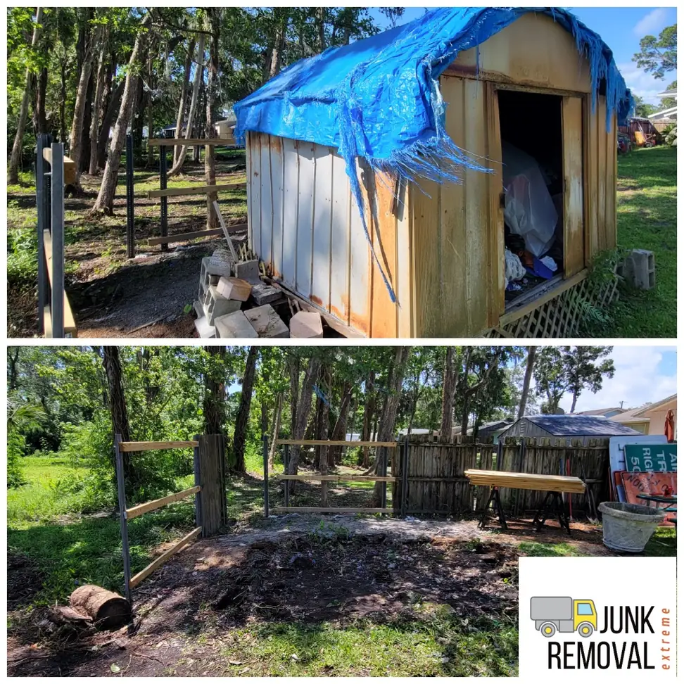 Old shed under a tarp before, and the cleared yard after the shed debris was hauled away