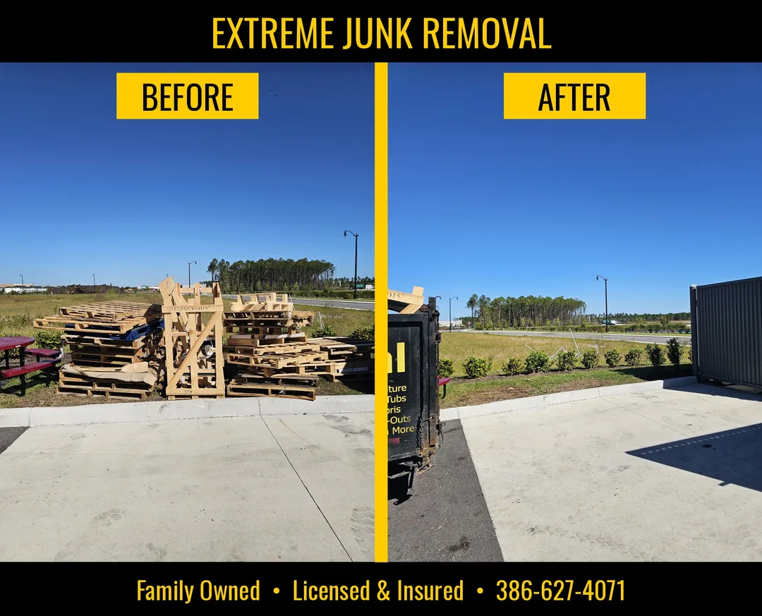 Warehouse & Flex Space Cleanouts Stacks of old wooden pallets on a commercial lot before and after commercial junk removal, serving Palm Coast to New Smyrna Beach