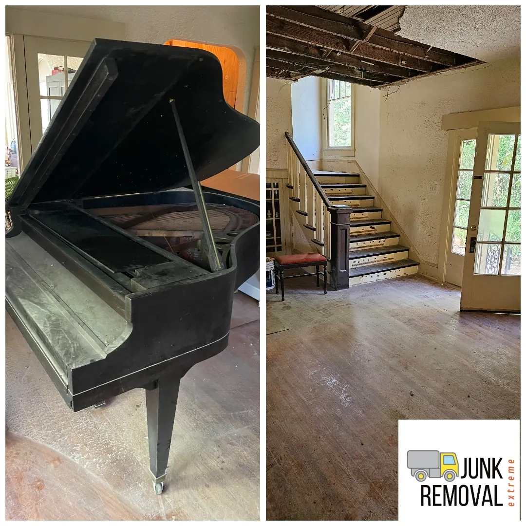 Old grand piano in a living room, then the empty room after piano removal by Extreme Junk Removal