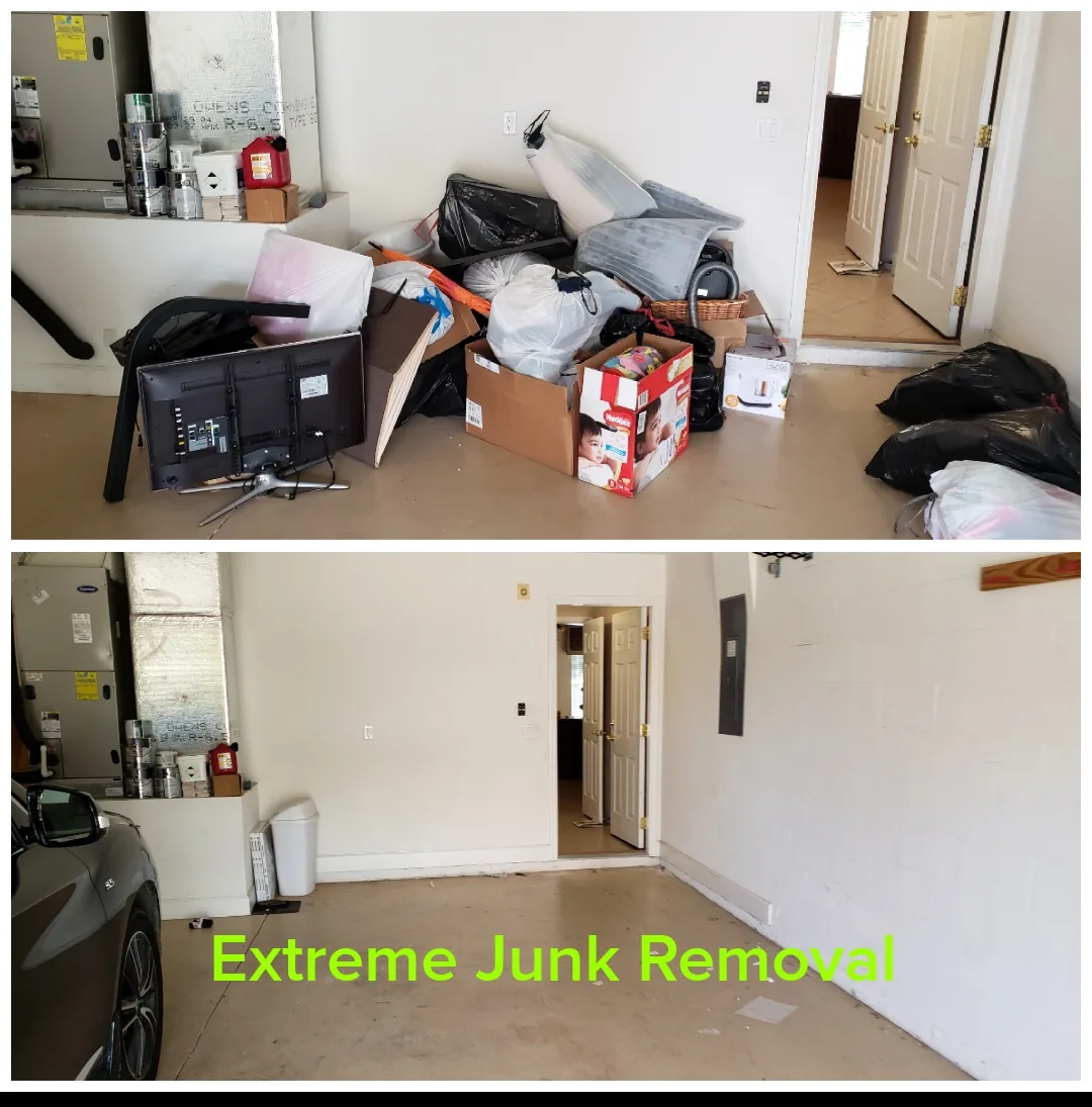 Room with bags, boxes and an old TV before, and empty after a property cleanout