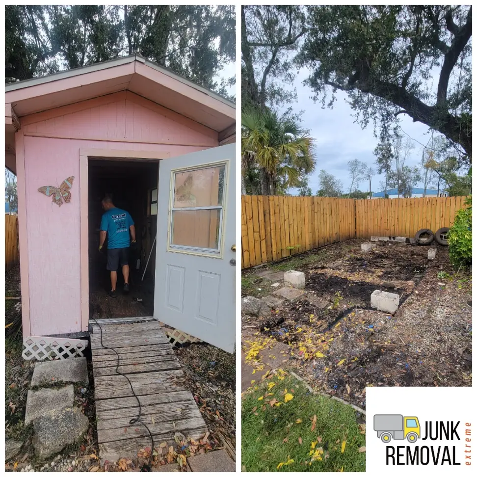 Aging storage shed in a back yard before, and level open ground after the shed teardown and haul-away