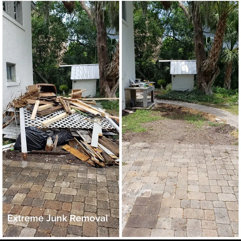 Pile of old wood boards and lattice on a paver patio before, and the clean patio after